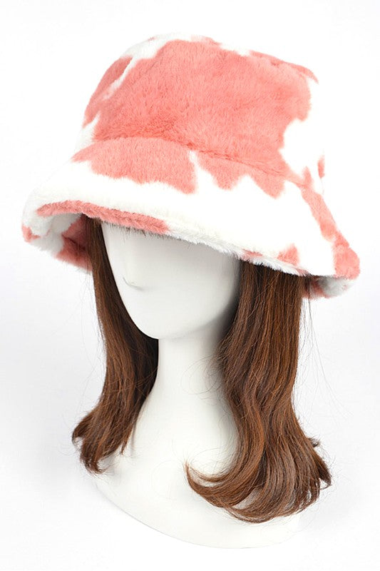 Cow Print Faux Fur Bucket Hat