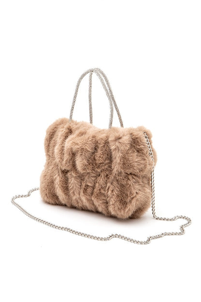 Rhinestone Top Handle Faux Fur Winter Tote Bag