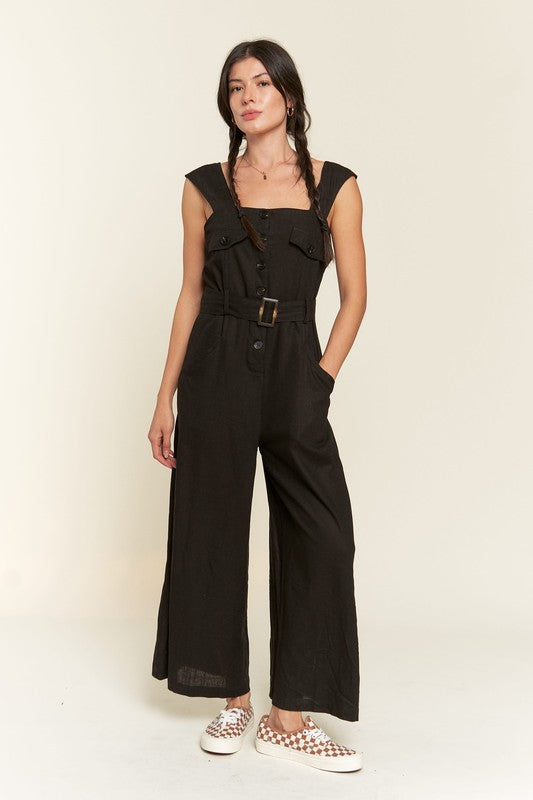 Jade By Jane Plus Size - Square Neck Button-Down Ankle Jumpsuit