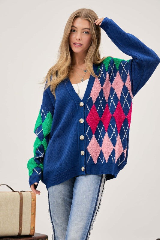 Davi & Dani Plush Argyle Knit Cardigan