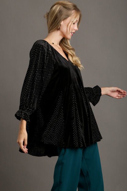 Umgee - Godet Hem Polka Dot V-Neck Blouse