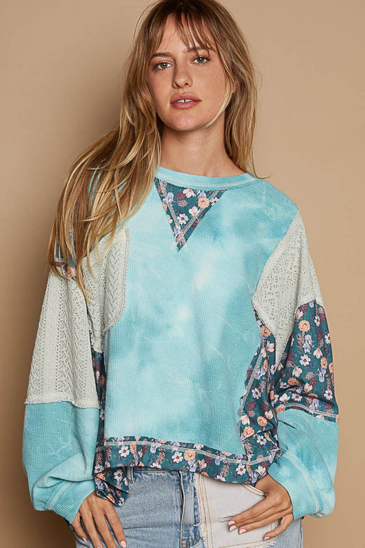 POL - Floral Patchwork Round Neck Knit Top