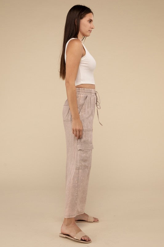 ZENANA Washed Linen Cargo Pants