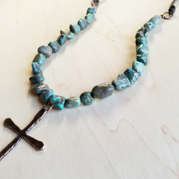 African Turquoise Necklace with Large Cross Pendant