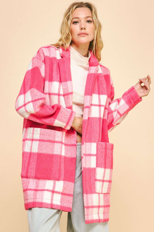 Davi & Dani - Plaid Open Front Drop Shoulder Longline Coat