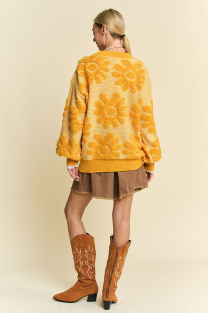 Davi & Dani - Flower Texture Round Neck Dropped Shoulder Sweater