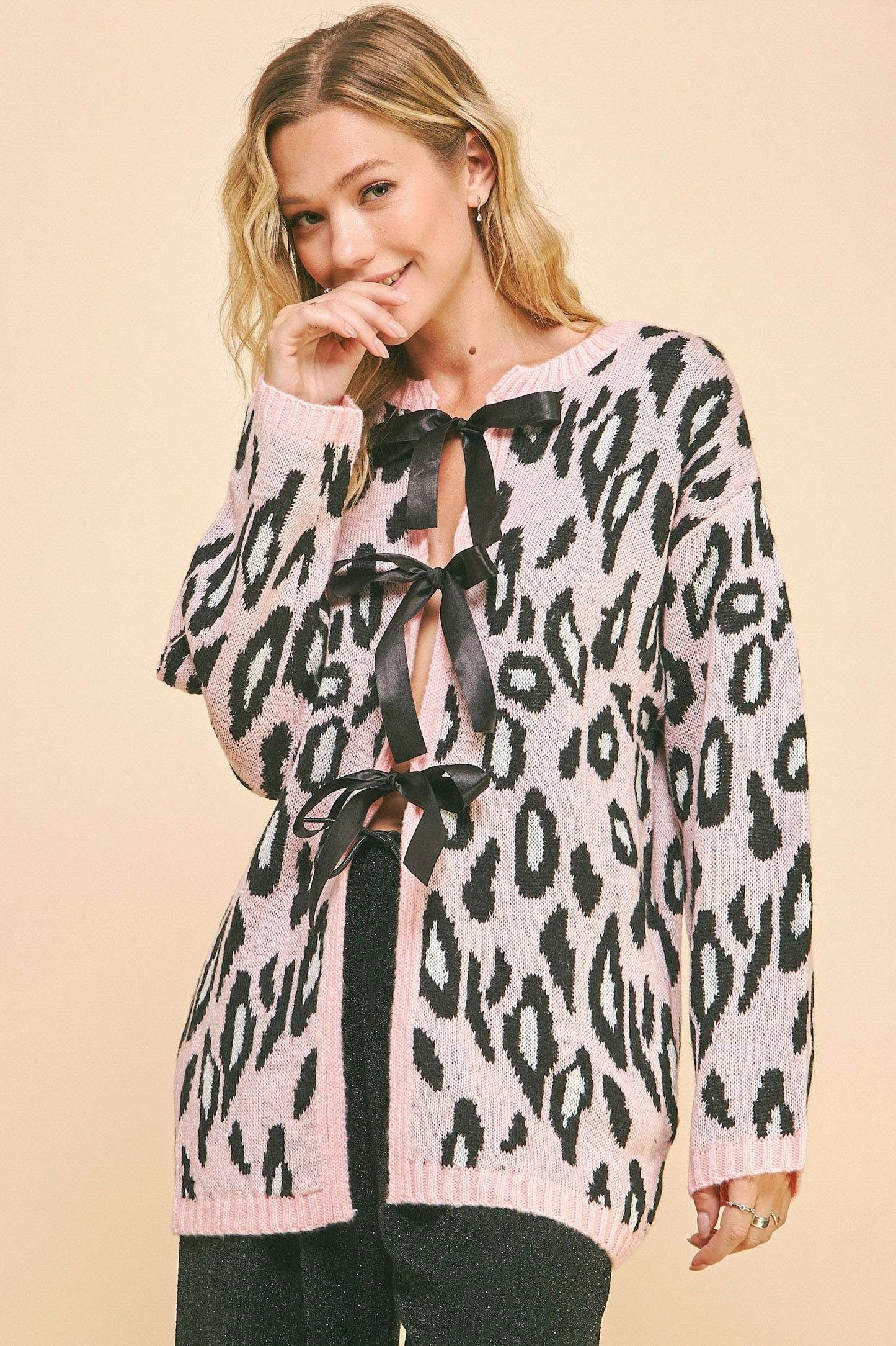 Davi & Dani - Leopard Ribbon Tie Front Loose Fit Cardigan