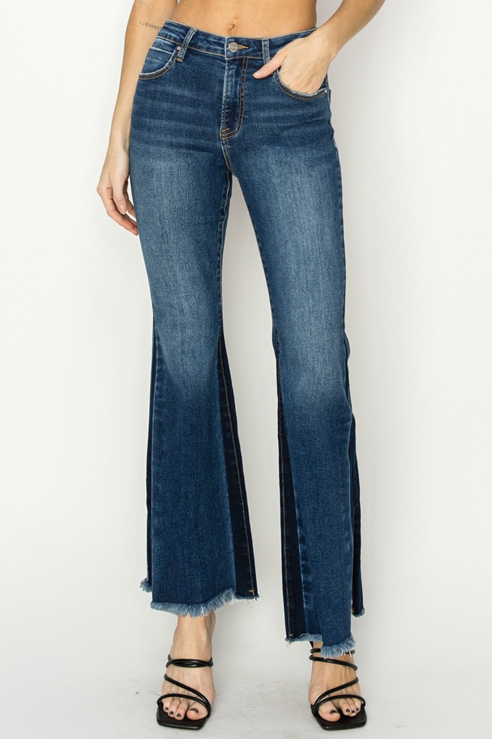 RISEN - Full Size High Rise Side Shadow Seam Detail Slit Flare Jeans