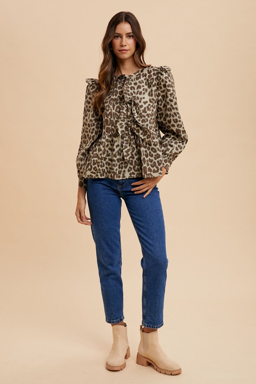 Annie Wear - Tied Leopard Round Neck Peplum Blouse