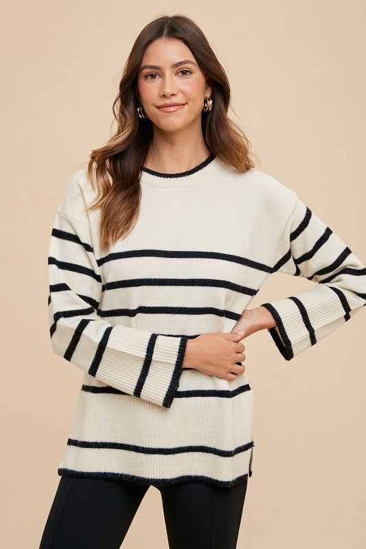 Annie Wear - Side Slit Striped Round Neck Sweater