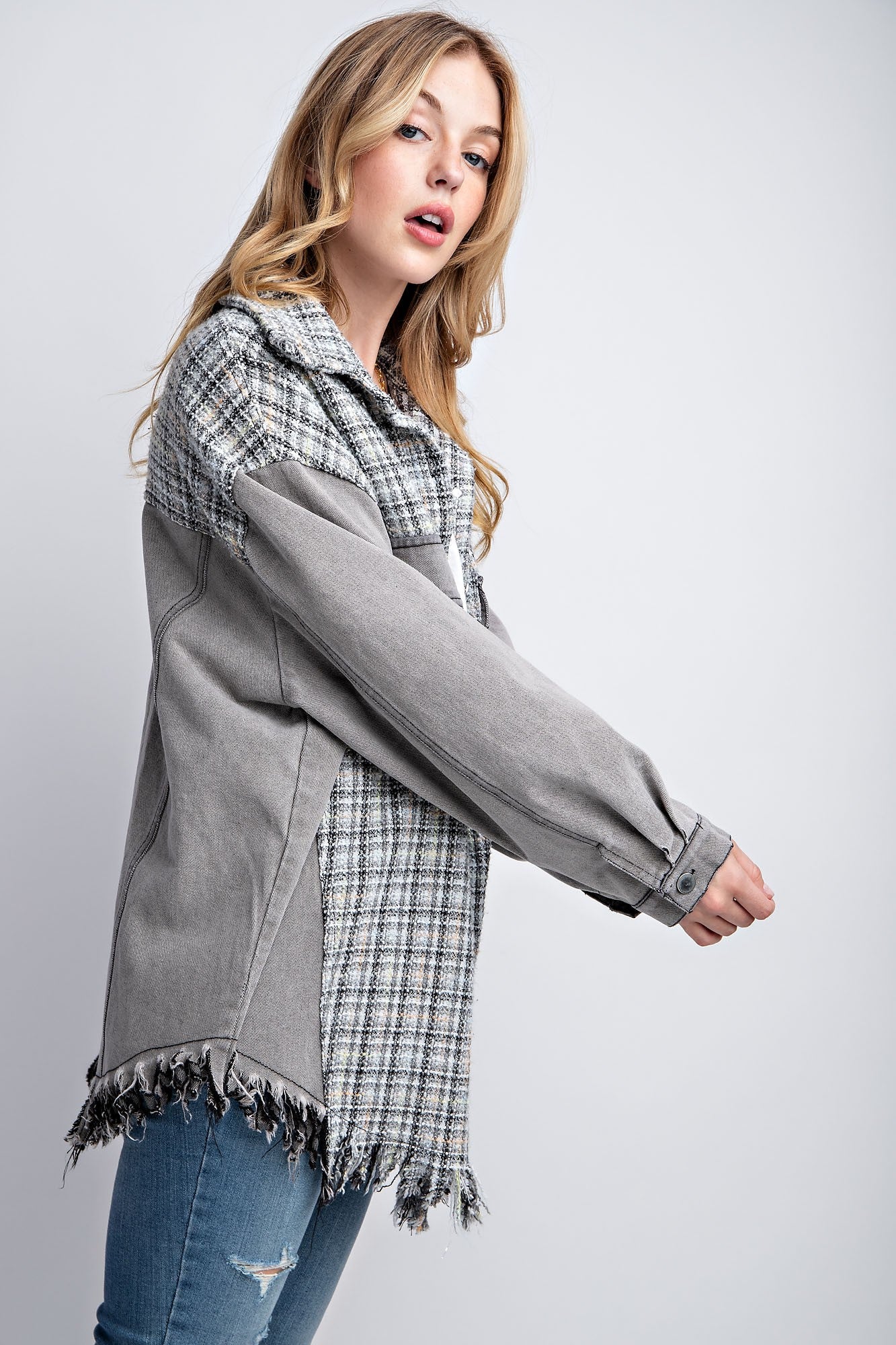 Sweet Generis - Tweed Mixed Denim Shacket with Fringed Hem