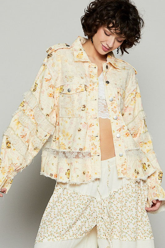 POL - Raw Hem Lace Patch Flounce Sleeve Jacket