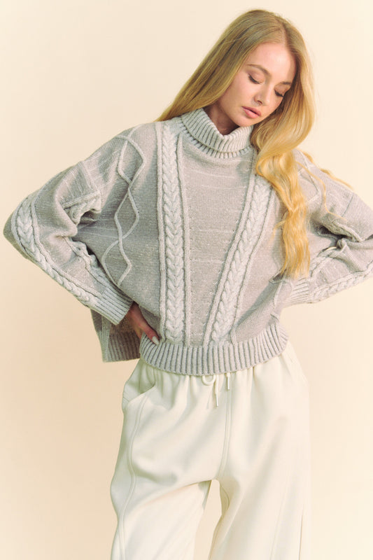 Davi & Dani - Cable-Knit Turtleneck Dropped Shoulder Sweater