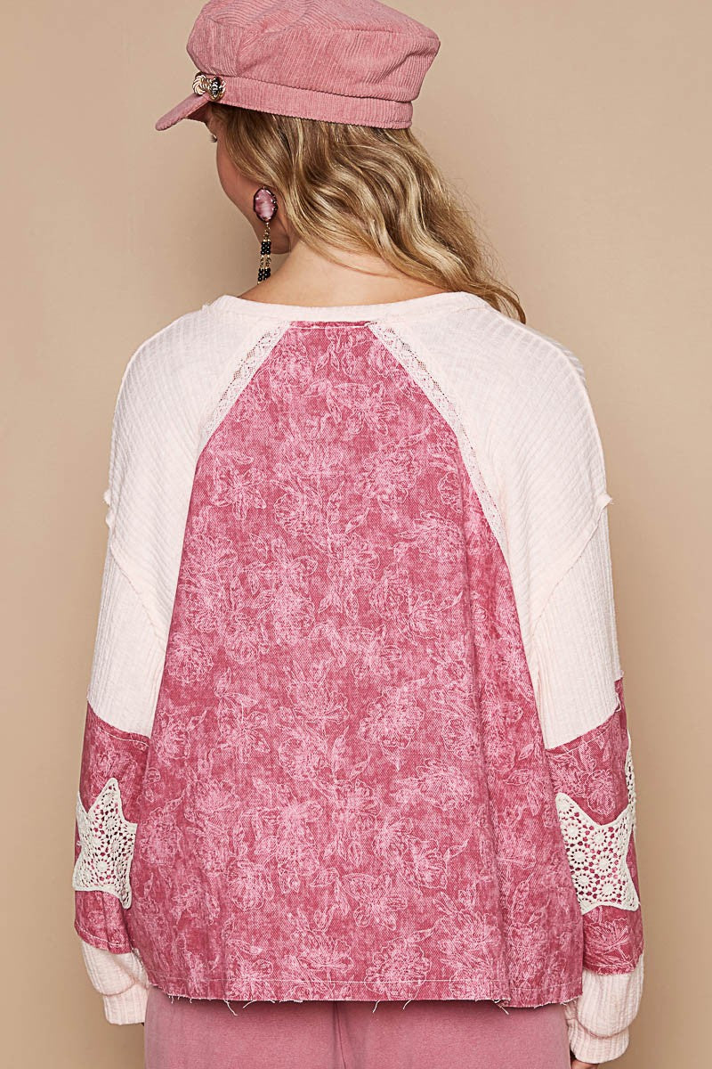 POL Lace Detail Star Pattern Sleeve Floral Print Top