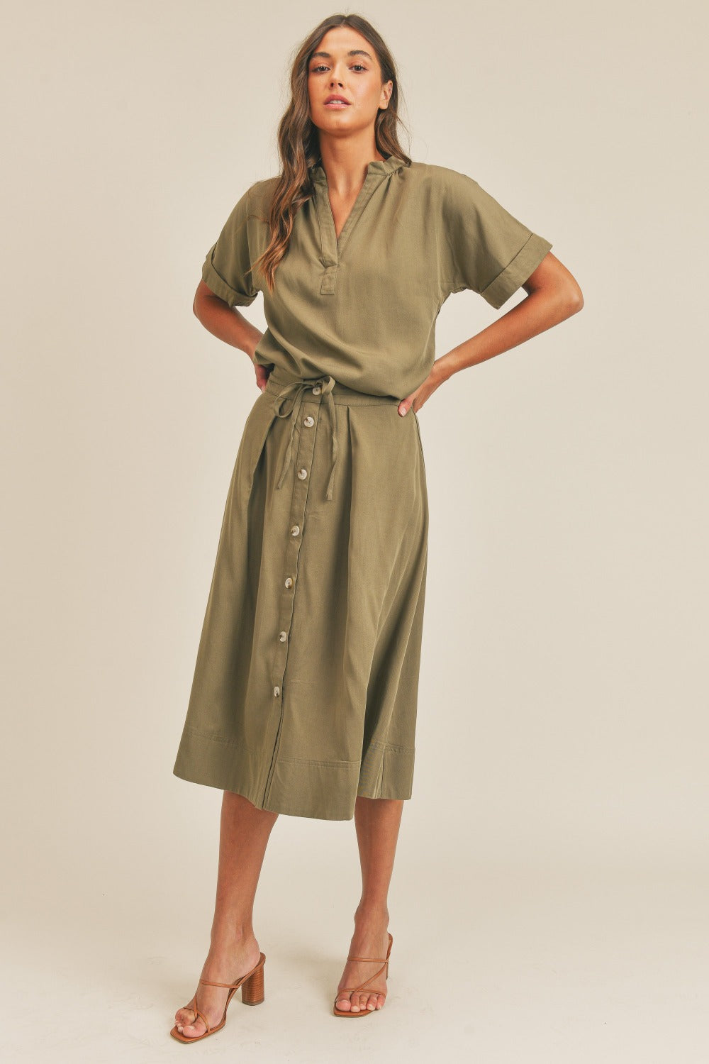 MABLE Cuffed Sleeve Top and Button-Down Midi Skirt Set