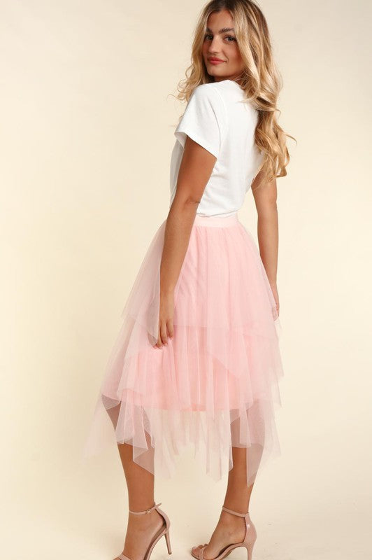 Plus Size - Asymmetric Tiered Tulle Midi Skirt