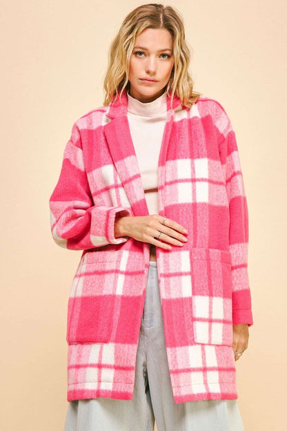 Davi & Dani - Plaid Open Front Drop Shoulder Longline Coat