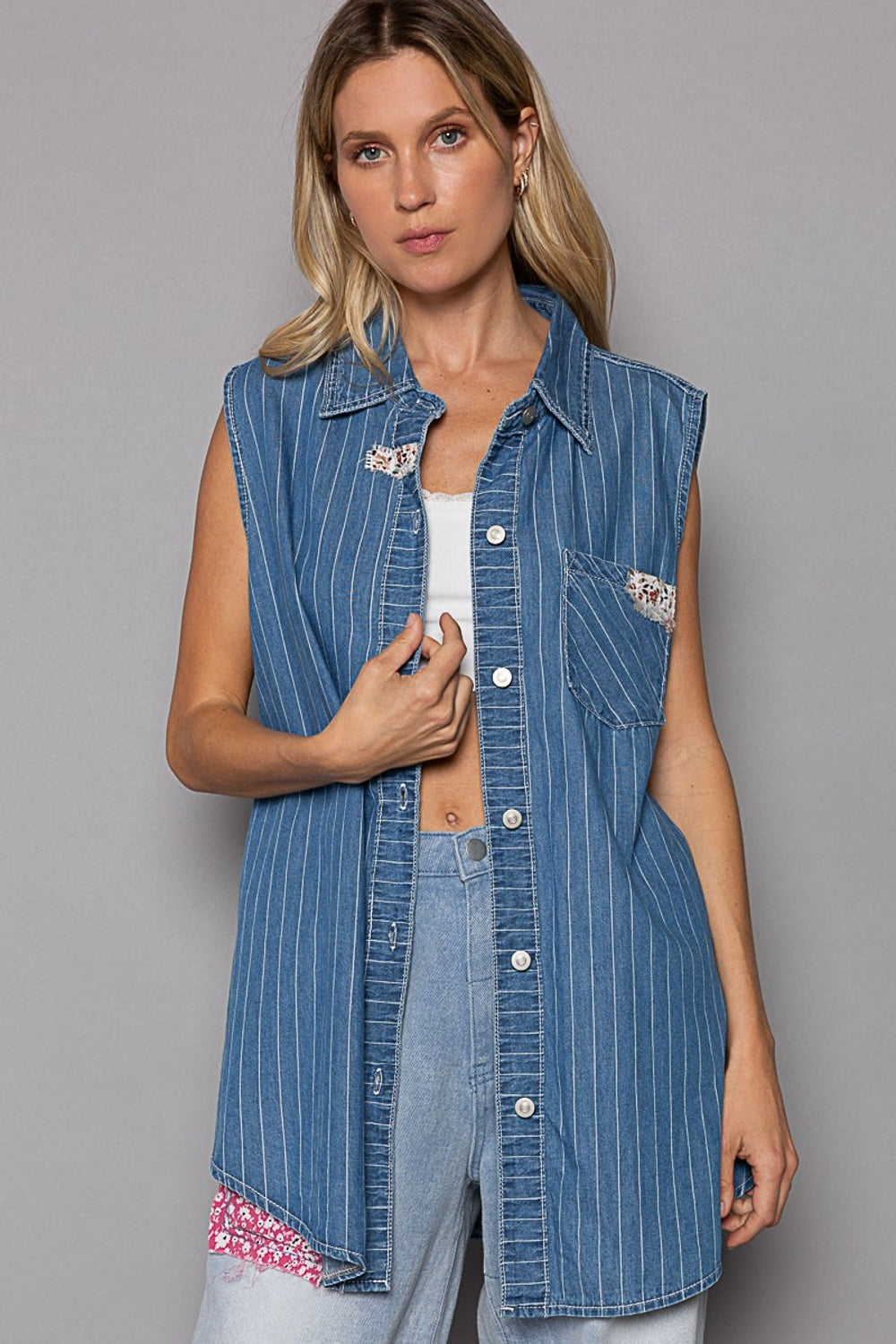 POL Sleeveless Striped Denim Shirt