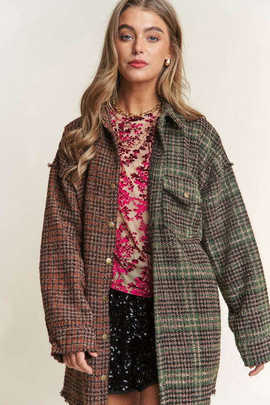 J.NNA Snap Down Tweed Plaid Contrast Longline Shacket