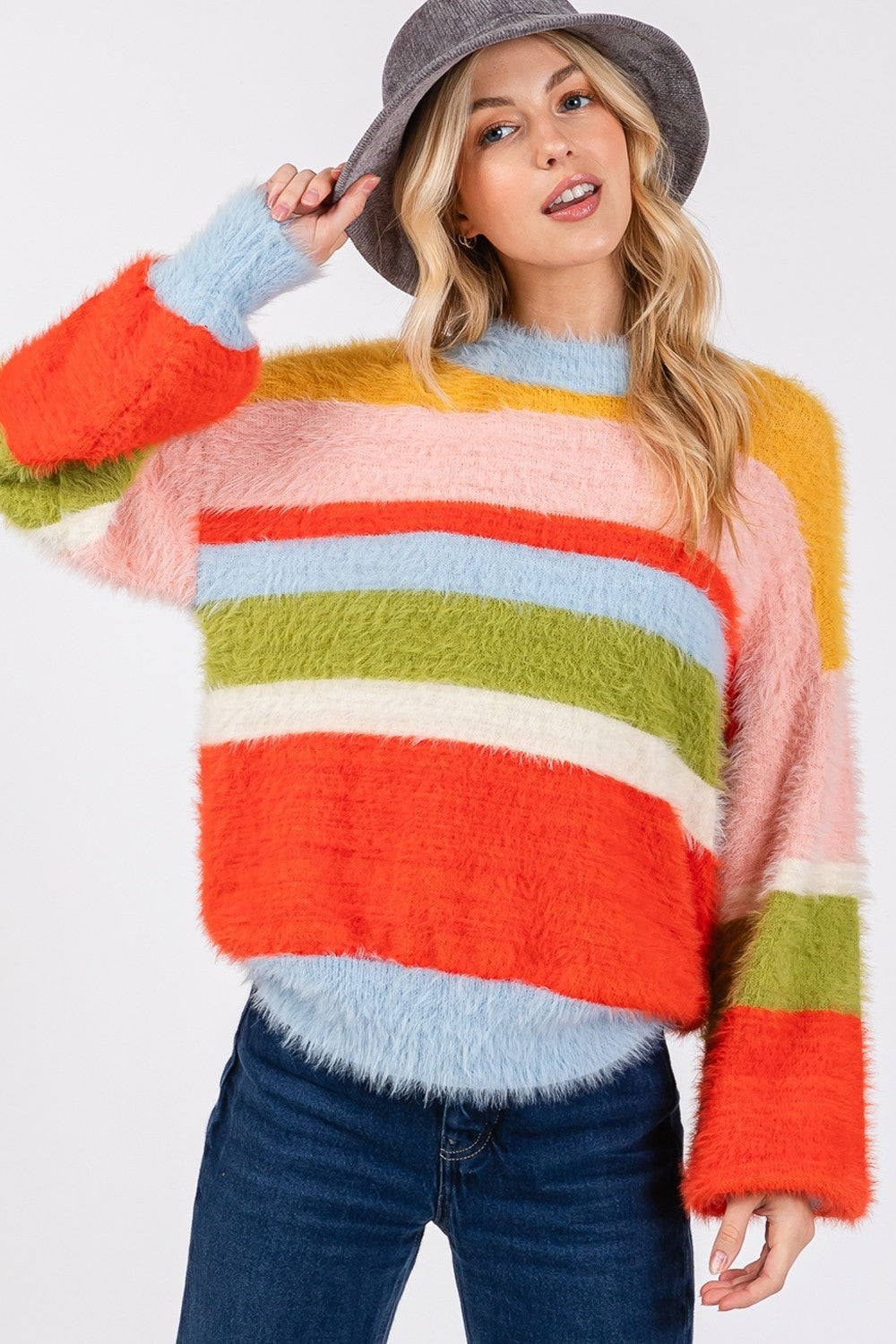 SAGE + FIG - Color Block Round Neck Dropped Shoulder Sweater