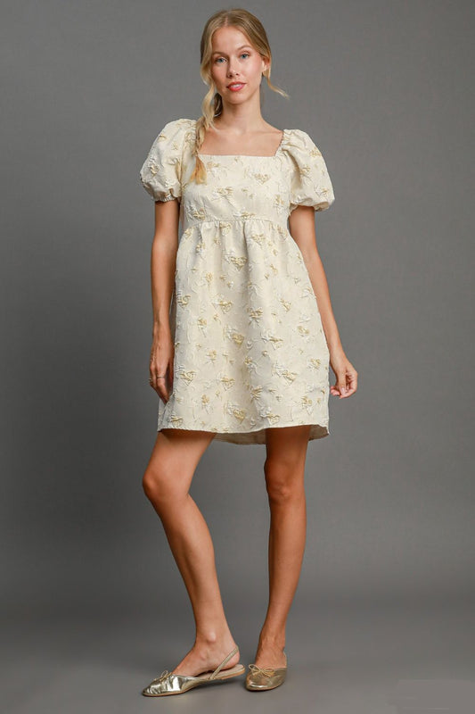 Umgee - Heart Jacquard Square Neck Puff Sleeve Mini Dress