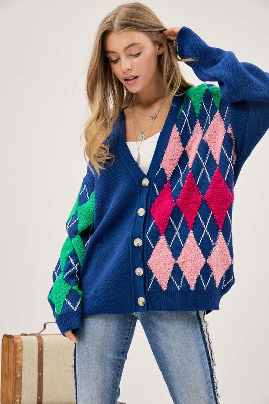 Davi & Dani Plush Argyle Knit Cardigan