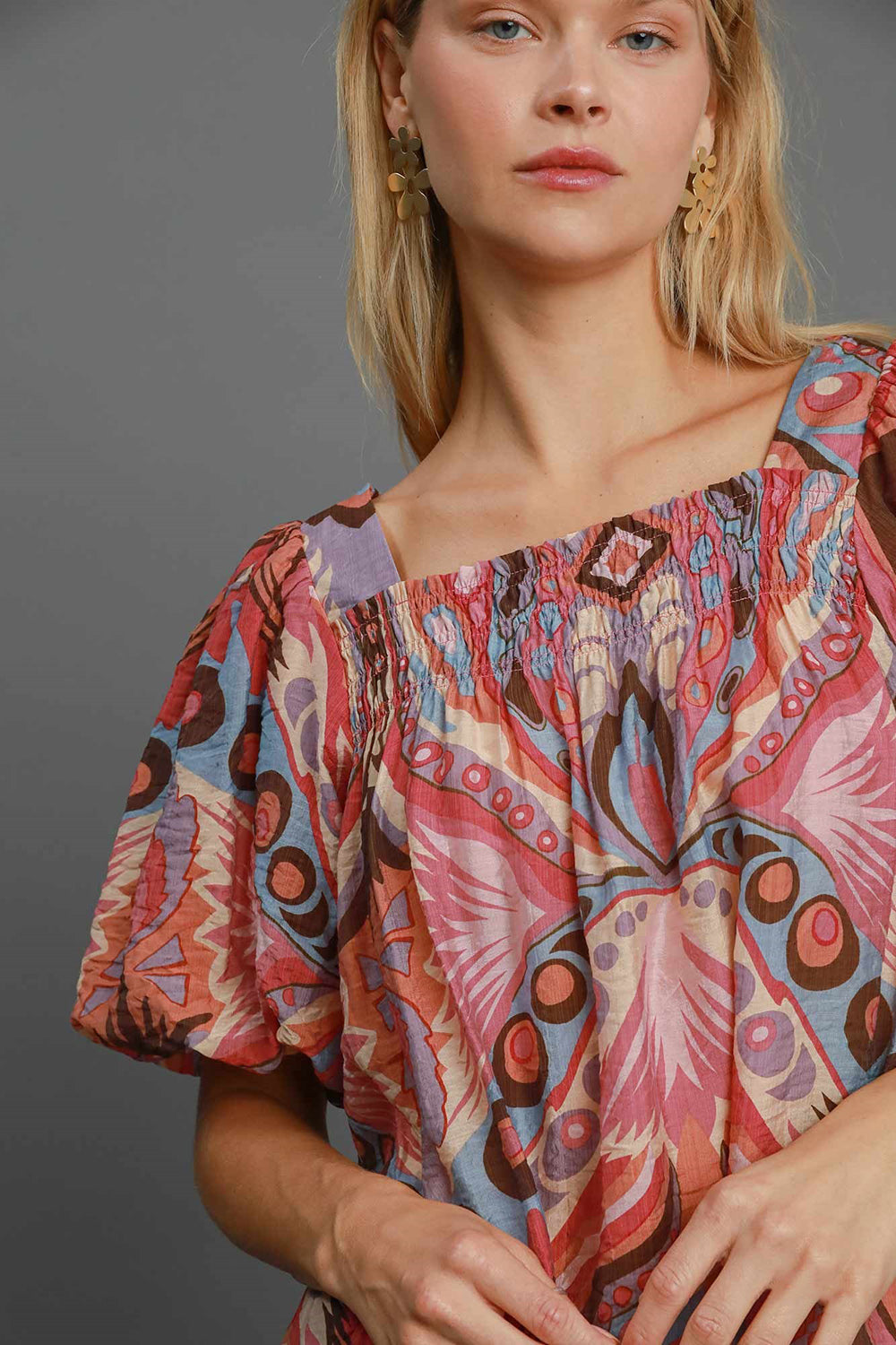 Umgee - Full Size Abstract Print Smocked Square Neck Puff Sleeve Blouse