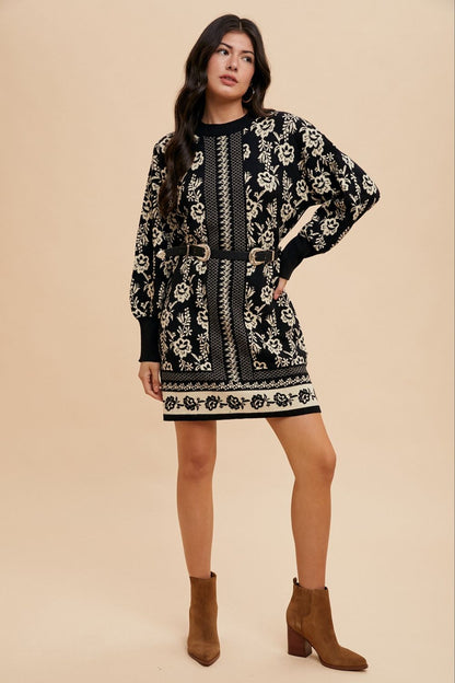 Annie Wear - Floral Jacquard Round Neck Sweater Dress