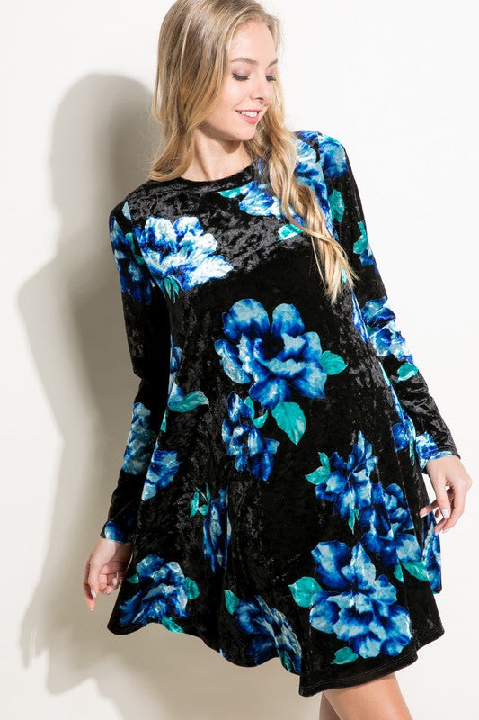 e Luna Floral Print Velvet Swing Dress