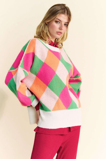 Davi & Dani - Exposed Seam Color Block Dropped Shoulder Sweater