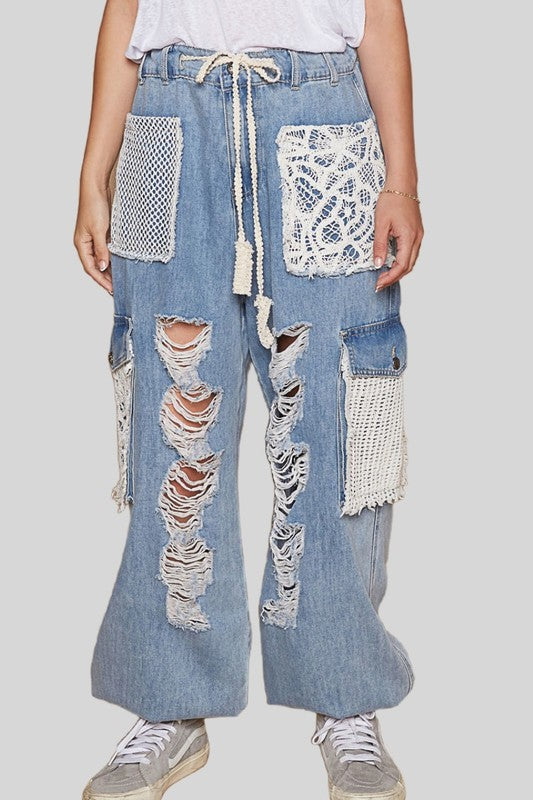 POL - Crochet Patch Distressed Washed Jeans