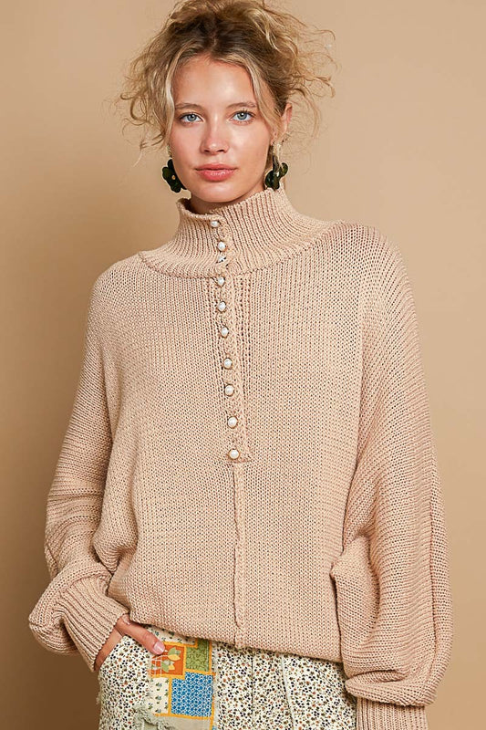 POL Dolman Sleeve Mock Neck Pearl Button Sweater