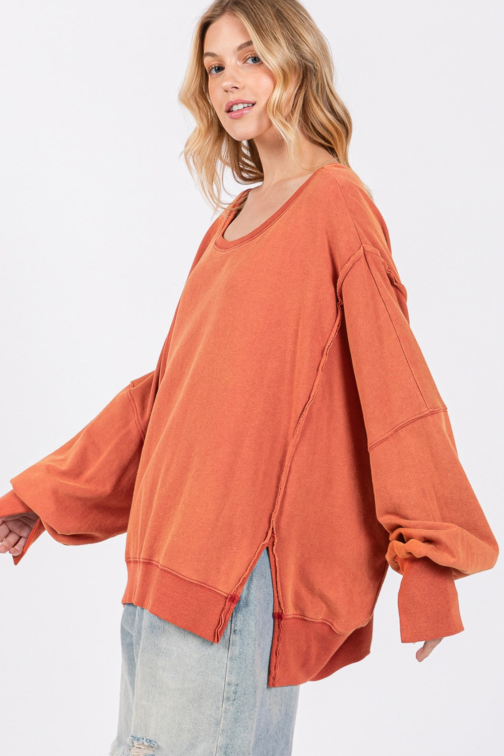 SAGE + FIG Mineral Wash Side Slit Oversized Sweatshirt