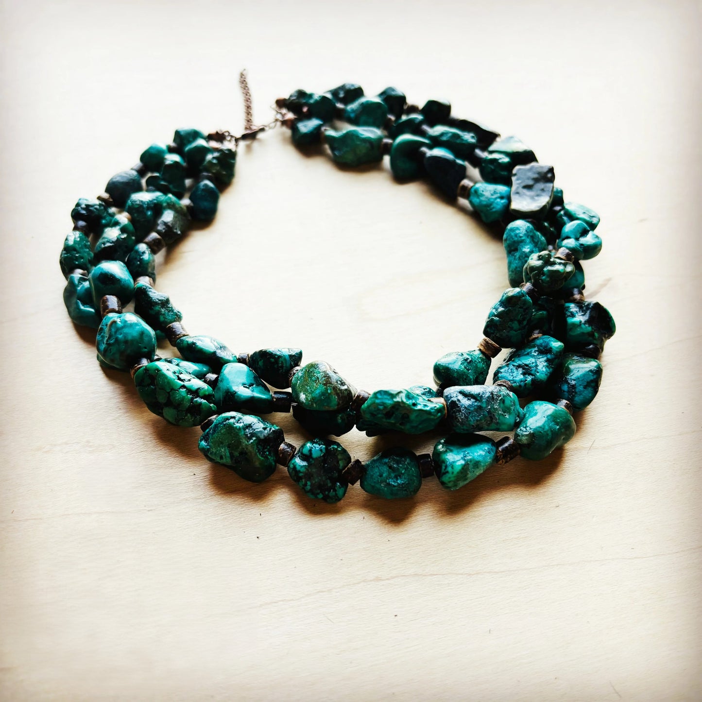 Large Triple Strand Natural Turquoise and Wood Necklace