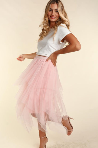 Haptics Asymmetric Tiered Tulle Midi Skirt