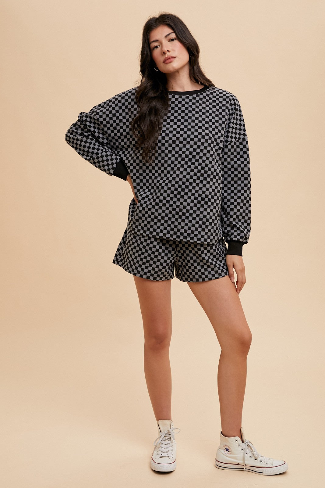 Annie Wear - Checkered Round Neck Top and Drawstring Shorts Set