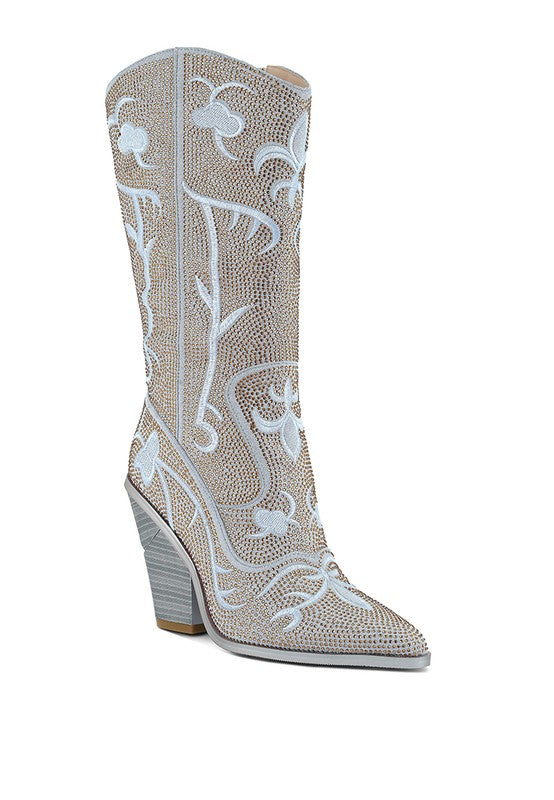 GLIMMER Embroidered Rhinestone Calf Boots