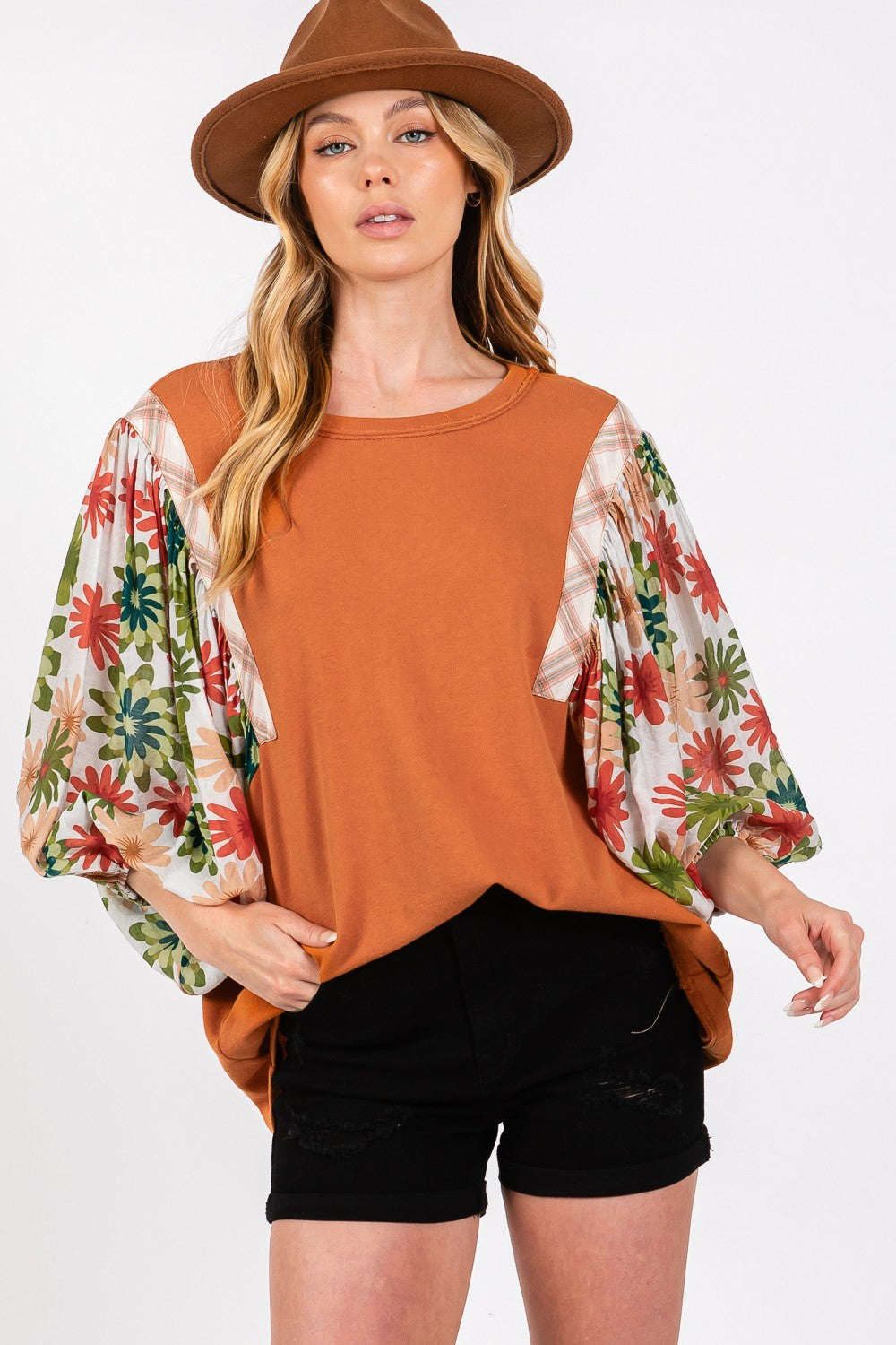 SAGE+FIG Full Size Printed Balloon Sleeve Contrast Top