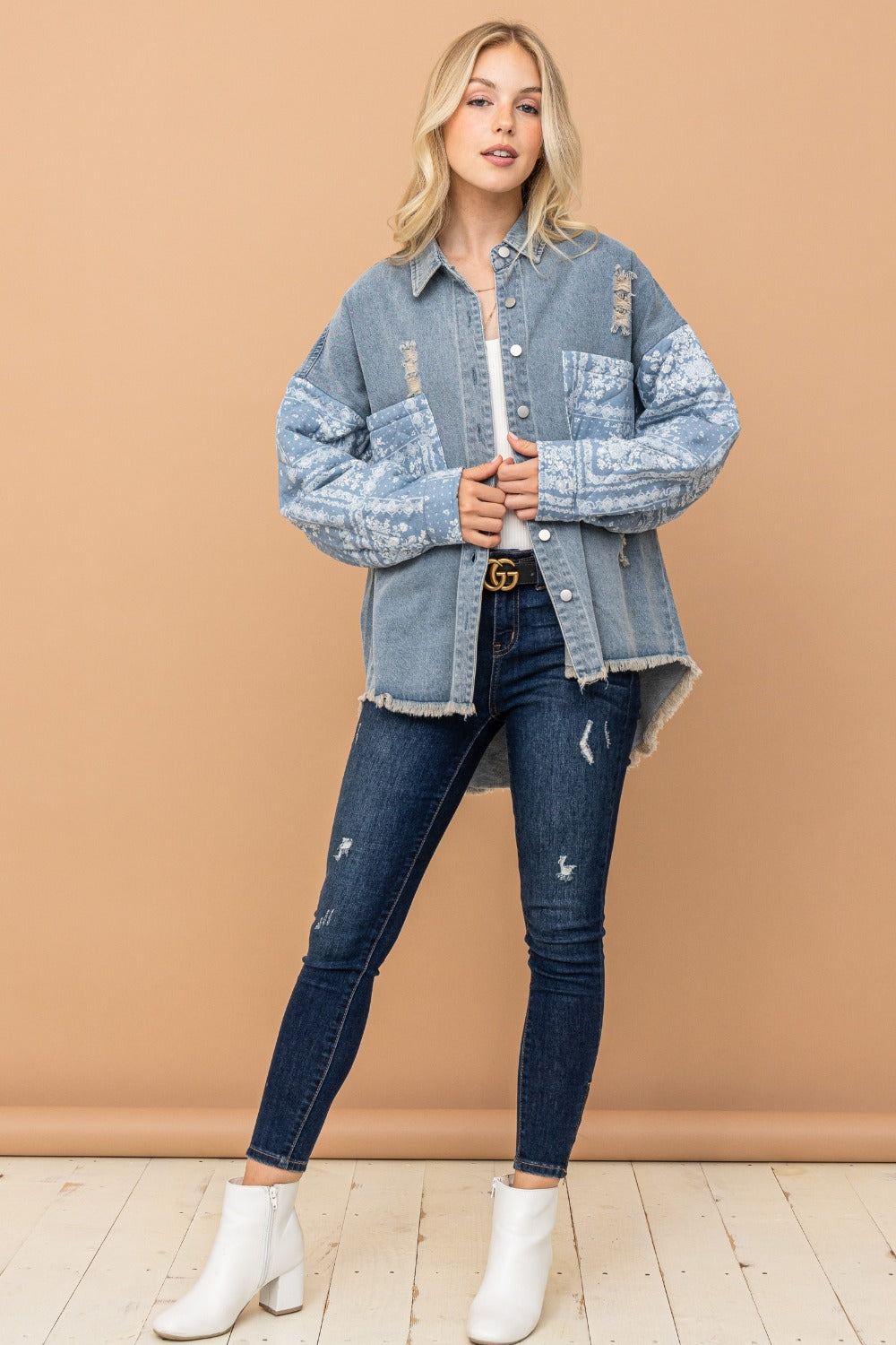 And The Why Full-Size Paisley Print Quilted Sleeve Denim Shacket