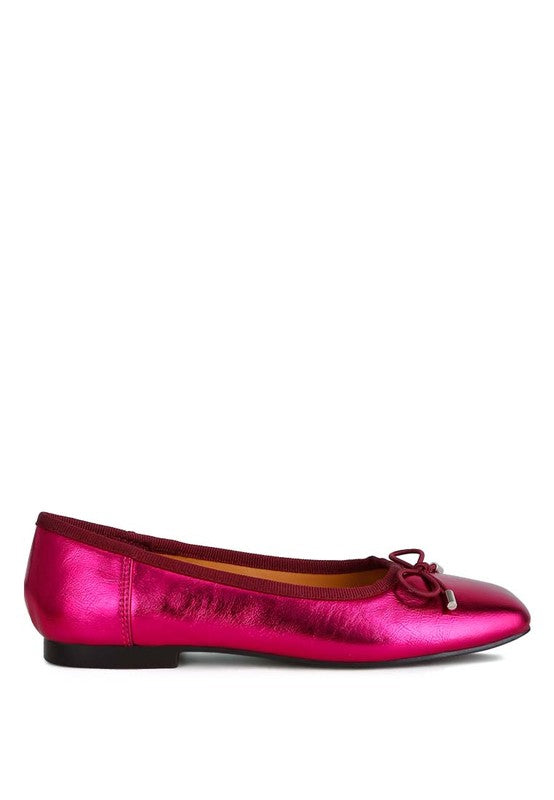 PRIMROSE Metallic Pleather Bow Ballerinas