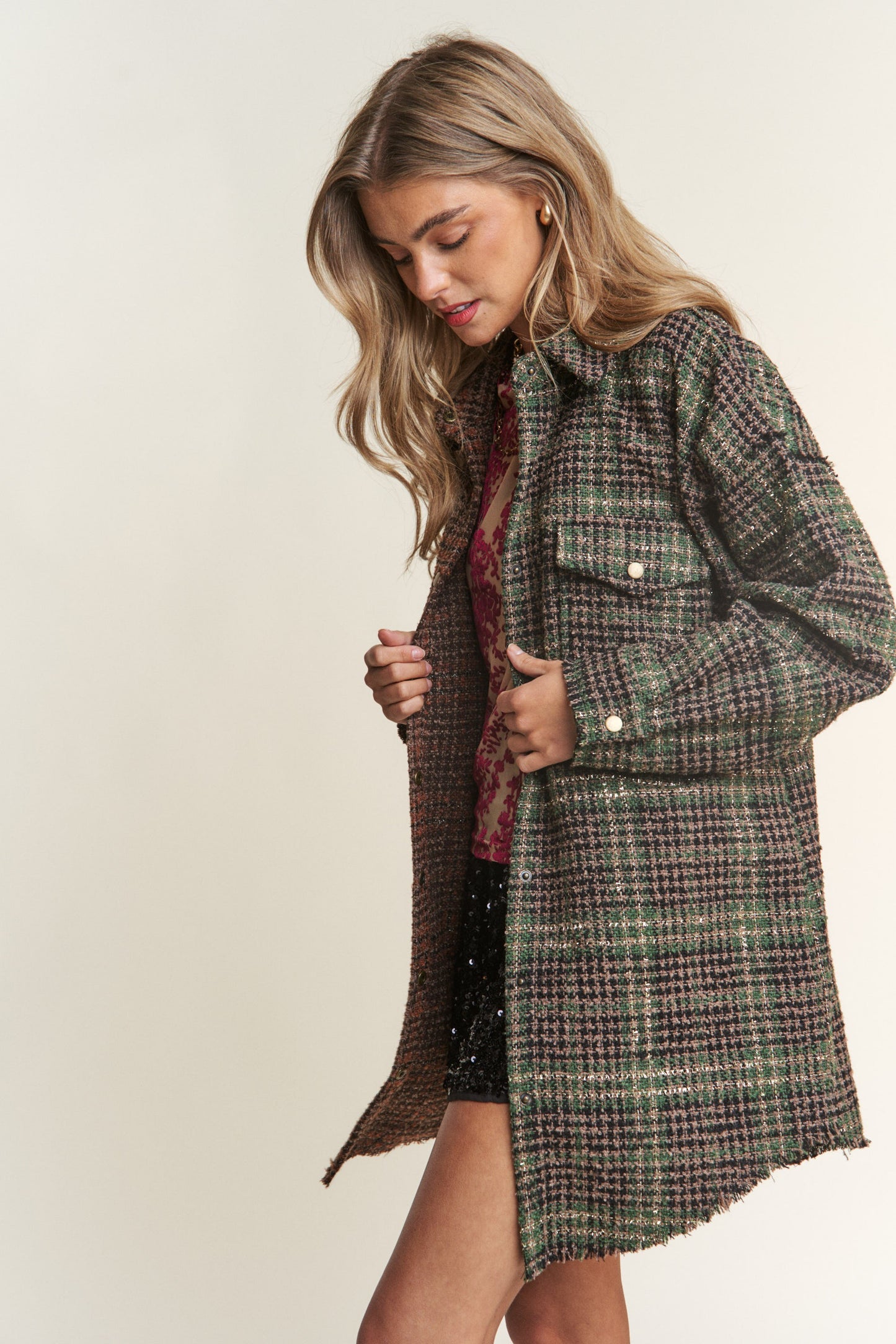 J.NNA Snap Down Tweed Plaid Contrast Longline Shacket