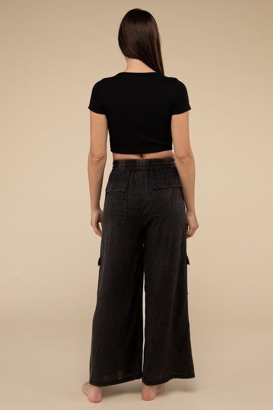 ZENANA Washed Linen Cargo Pants