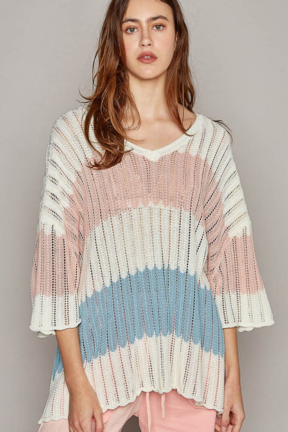 POL V-Neck Stripe Weave Sweater