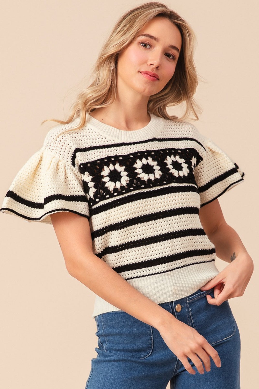 BiBi Granny Square Striped Sweater