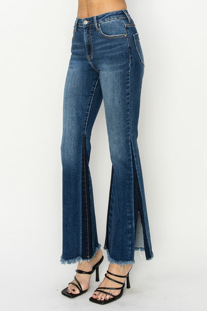 RISEN - Full Size High Rise Side Shadow Seam Detail Slit Flare Jeans