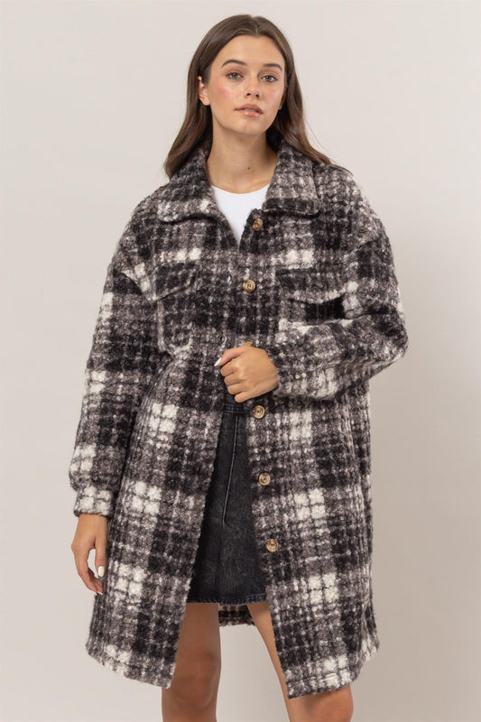 HYFVE Plaid Button-Down Longline Bouclé Shacket