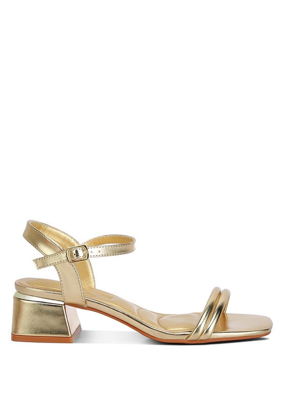 ZABOU Metallic Ankle Strap Low Block Heel Sandal