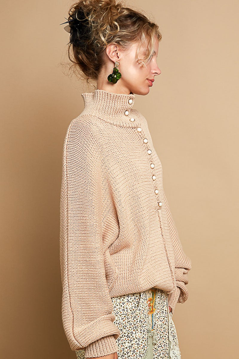 POL Dolman Sleeve Mock Neck Pearl Button Sweater