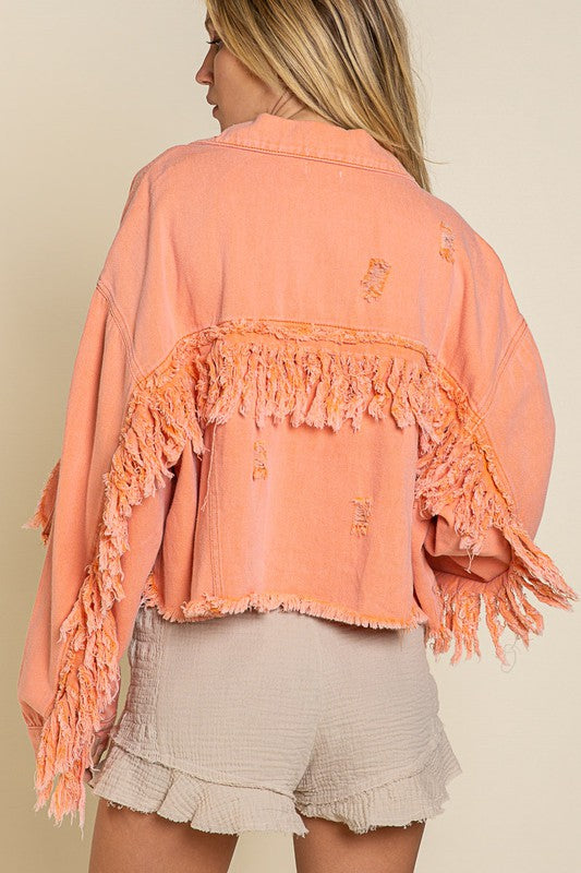 POL Fringe Distressed Crop Denim Jacket