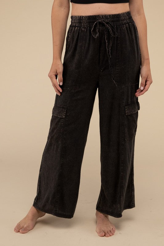 ZENANA Washed Linen Cargo Pants